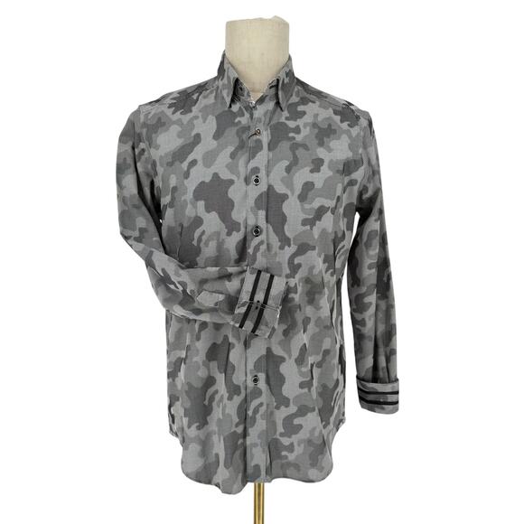 Robert Graham Button Front Long Sleeve Shirt COLBY Grey Camouflage Pixel Print M - Picture 1 of 9